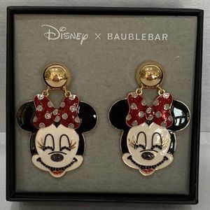 DISNEY BAUBLEBAR SMILING MINNIE MOUSE FACE EARRINGS W/ RED BOW & RHINESTONES